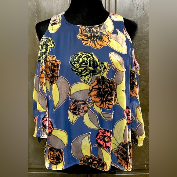 En Creme open shoulder blue velvet flowers over sheer blouse. Size medium - Picture 1 of 9